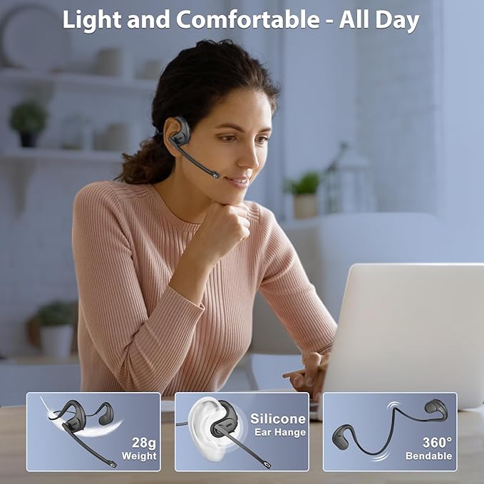 Trucker Bluetooth Headset, Open Ear Headphones with Detachable Noise Cancelling Mic, Wireless V5.3 Computer Headset with Boom Mic for Skype Zoom Face Time