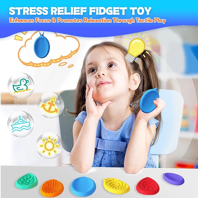 Fidget Toys Sensory Stone for Kids, 6-Piece Kids Stress Relief Toy Set - Silicone Textured Worry Stones, Ideal for Autism Calming and Anxiety Relief for Students, Birthday Return Gifts Treats