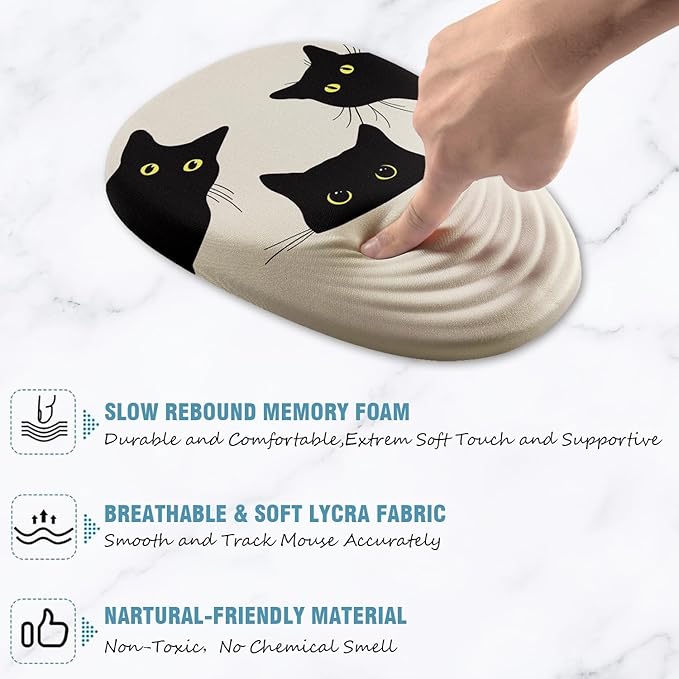 Mouse Pad, Ergonomic Mouse Pad with Wrist Rest Support and Non-Slip PU Base, Cute Computer Mousepad for Pain Relief, Office & Home, Beige Three Cats