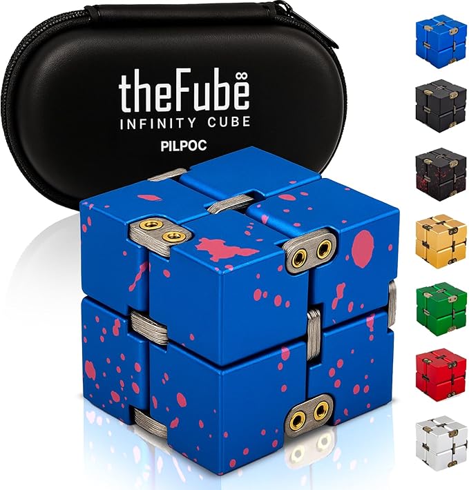 PILPOC theFube Infinity Cube Fidget Desk Toy - Aluminum Infinite Magic Cube with Case, Sturdy, Heavy, Relieve Stress and Anxiety, for ADD, ADHD, OCD (Blue Pink)