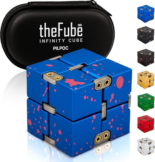 PILPOC theFube Infinity Cube Fidget Desk Toy - Aluminum Infinite Magic Cube with Case, Sturdy, Heavy, Relieve Stress and Anxiety, for ADD, ADHD, OCD (Blue Pink)