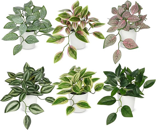 Hollyone Fake Plants 6 Pack Artificial Plants Indoor Faux Plant with White Plastic Pot Small Fake Potted Plant for Home Aesthetic Living Room Bathroom Desk Shelf Office Decor