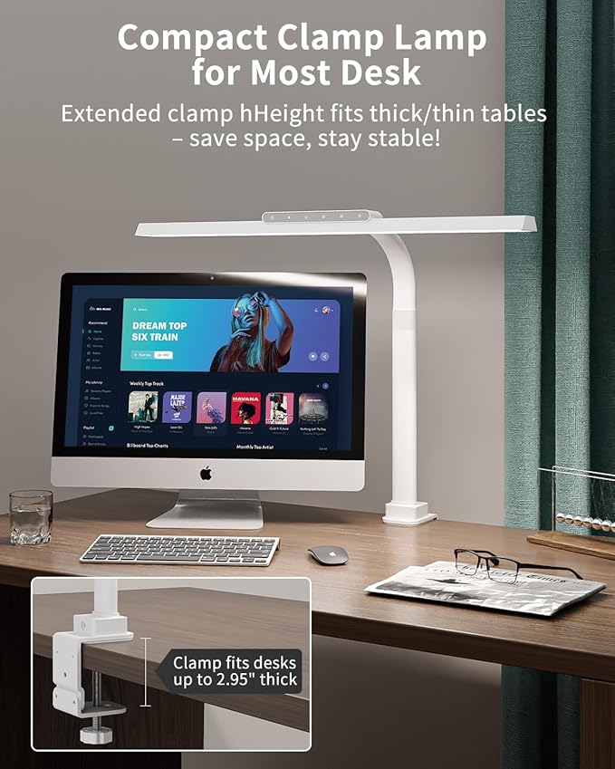 LED Desk Lamps for Home Office, 24W Bright Eye-Caring Desk Light with Clamp, Stepless Dimming Adjustable Flexible Gooseneck Clip on Office Lamp with Adapter for Reading, Study, Workbench,White