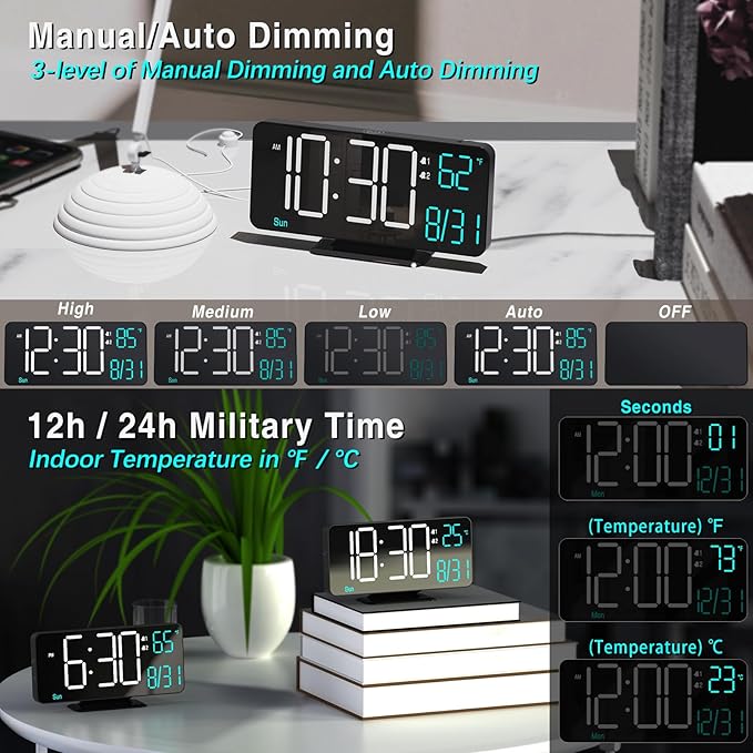 KOSUMOSU Digital Clock for Bedroom 6.7in Small Digital Alarm Clock Black, Dimming,12/24h,Date,Day of Week, Indoor Temperature,Desk Clocks for Classroom, LED Clocks for Living Room, Digital Calendar