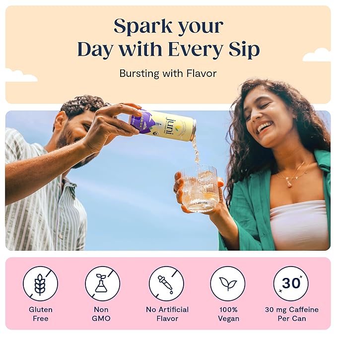 Juni Sparkling Adaptogen Drink with Ashwagandha, Lion’s Mane & Reishi Mushrooms | Green Tea for Focus, Zero Sugar, 5 Calories, Organic | Non Alcoholic Drinks - Peach 12 pack