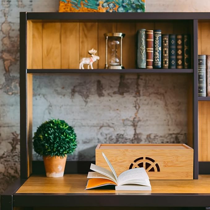 Cable Management Box Set of 2 by HTB, Large & Small Bamboo Cord Organizer Box to Hide Wires & Power Strips | Desk Computer Cable Management Box | Cable Storage | Cord Box Hider for Home & Office