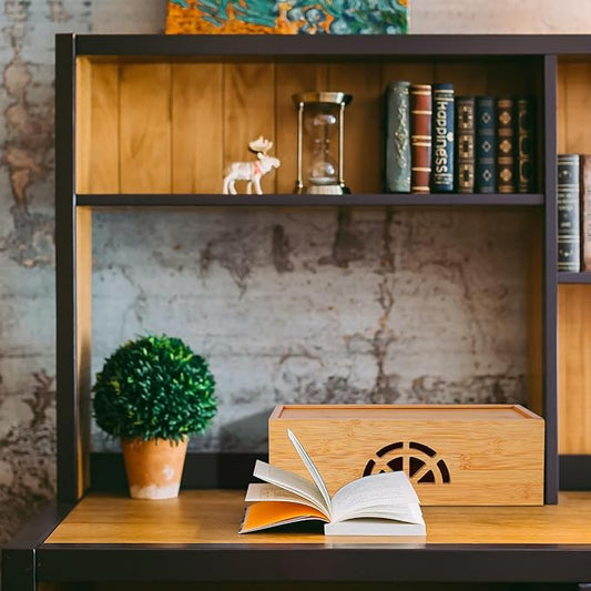 Cable Management Box Set of 2 by HTB, Large & Small Bamboo Cord Organizer Box to Hide Wires & Power Strips | Desk Computer Cable Management Box | Cable Storage | Cord Box Hider for Home & Office