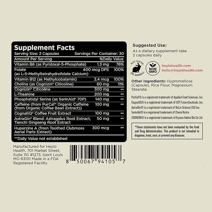 Heylo Nootropic Brain Supplement for Focus, Energy, and Memory | Cognizin® Citicoline, L-Theanine, PurCaf® Caffeine, Phosphatidylserine, B6 | 60 Capsules – Clean, Plant-Based Cognitive Support