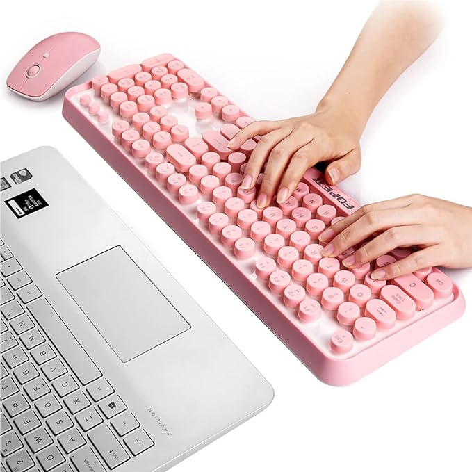 FOPETT Keyboard and Mouse Sets Wireless, Reliable 2.4 GHz Connectivity for PC,Laptop,Smart TV and More (Pink)