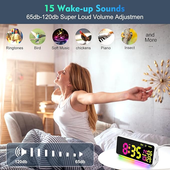 120db Super Loud Alarm Clock for Heavy Sleepers, Bluetooth Connection, 15 Wake Up Sounds, 7 Color Night Light, Dynamic RGB Color Changing, 0-100% Dimmer, Snooze, Digital Clock for Bedroom