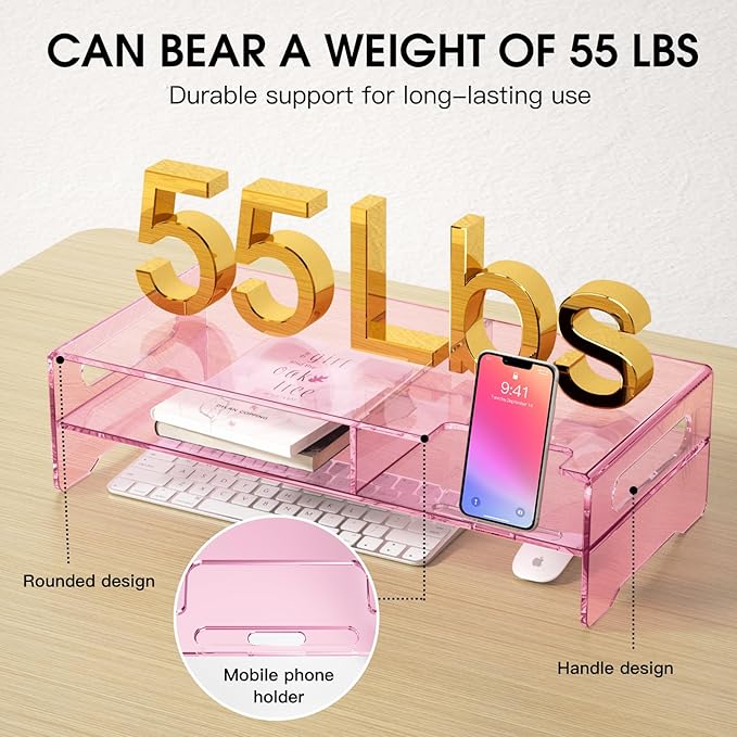 Pink Acrylic Monitor Stand Riser, 2-Tier computer stand with Storage, clear monitor stand for desk Suitable for laptops, printers, TV，desk organization With phone holder