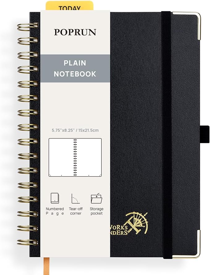 POPRUN Blank Journal Notebook, [A5-5.75'' x 8.25''] - 120 GSM Thick Paper, 141 Numbered Pages, Spiral Hardcover for Men & Women with Pocket, Index Tabs, 8 Perforated Sheets, Black