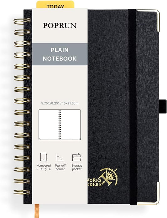 POPRUN Blank Journal Notebook, [A5-5.75'' x 8.25''] - 120 GSM Thick Paper, 141 Numbered Pages, Spiral Hardcover for Men & Women with Pocket, Index Tabs, 8 Perforated Sheets, Black