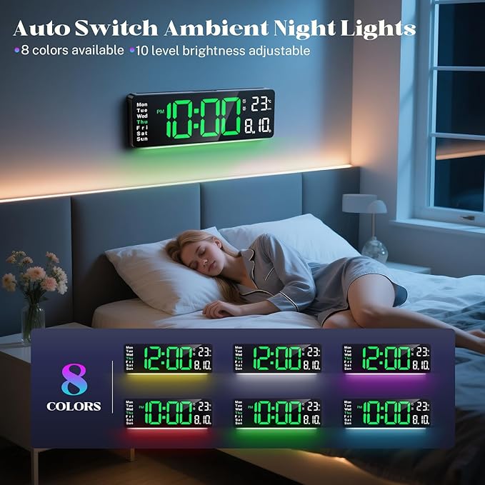 Digital Clock for Classroom, 16" Large Digital Clock with Remote Control, Led Wall Clock with Date, Week, Alarm, Temperature, Night Light for Living Room, Garage, Bedroom, Gym, Office(Green)