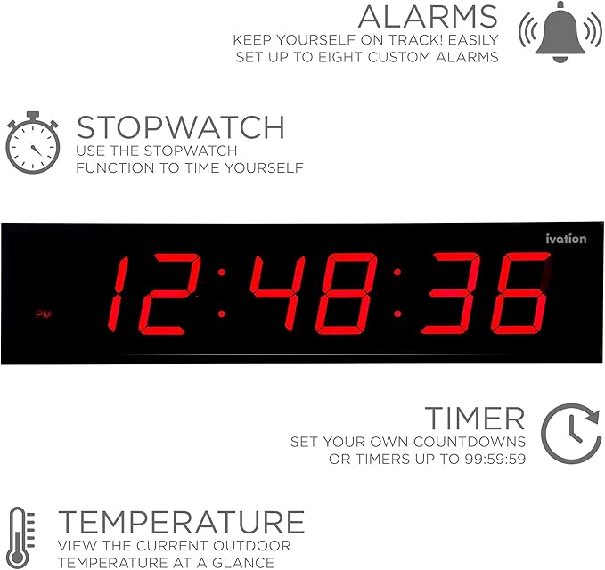 Ivation Oversized 24" Large Digital LED Clock | Big Digital Clock w/Multi-Function Display – Stopwatch, Timer, Alarms, Temp & Date | 6 Brightness Levels, Time Memory & Remote (Red)