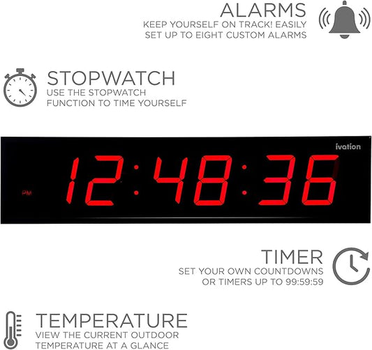Ivation Oversized 24" Large Digital LED Clock | Big Digital Clock w/Multi-Function Display – Stopwatch, Timer, Alarms, Temp & Date | 6 Brightness Levels, Time Memory & Remote (Red)