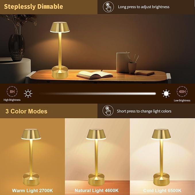 Egobasic Cordless Table Lamps, Modern Rechargeable Battery LED Desk Touch Night Light, 11.8" Metal Minimalist Small Portable Lamps for Dinner Coffee Table Restaurant Bedroom Bar Hotel, Gold