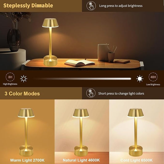Egobasic Cordless Table Lamps, Modern Rechargeable Battery LED Desk Touch Night Light, 11.8" Metal Minimalist Small Portable Lamps for Dinner Coffee Table Restaurant Bedroom Bar Hotel, Gold