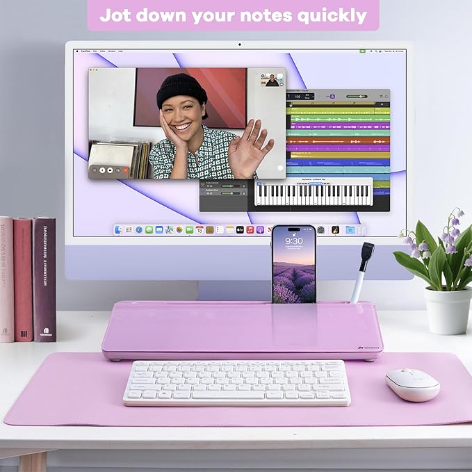 Varhomax Glass Desk Whiteboard with Storage, Desktop Organizer to-do List Memo Notepad Dry Erase White Board for Home Office and School Supplies (Purple)