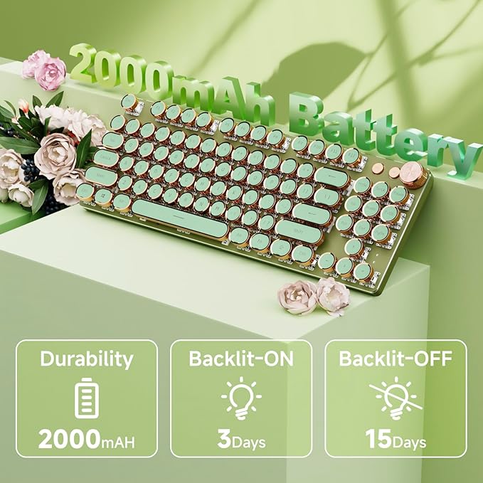 EWEADN V20 Green Typewriter Keyboard,87 Keys Backlit Typewriter Style Mechanical Keyboards, Media Control Knob, Wired/BT5.0/2.4G Typewriter Style Computer Keyboards Pink Switch for Windows/Mac/PC