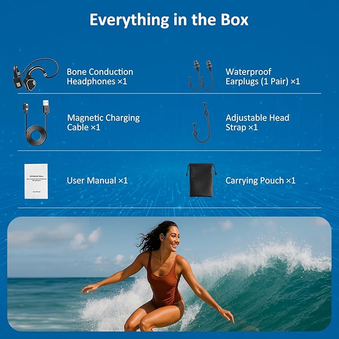 Bone Conduction Swimming Headphones – IP68 Waterproof Bluetooth 5.3 Open-Ear with 32GB MP3 Player, Swim Training Headset for Pool & Open Water, Blue