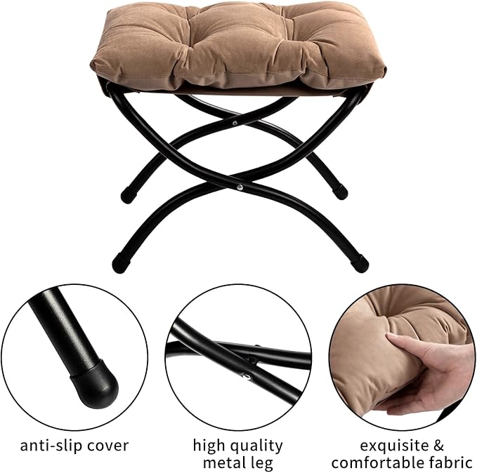 HollyHOME 15"(H) Folding Footrest Stool, Upholstered Small Foldable Ottoman, Accent Padded Sofa Foot Stool for Lazy Chair, Metal Frame Portable Foot Rest Ottoman for Living Room, Bedroom, Dark Brown