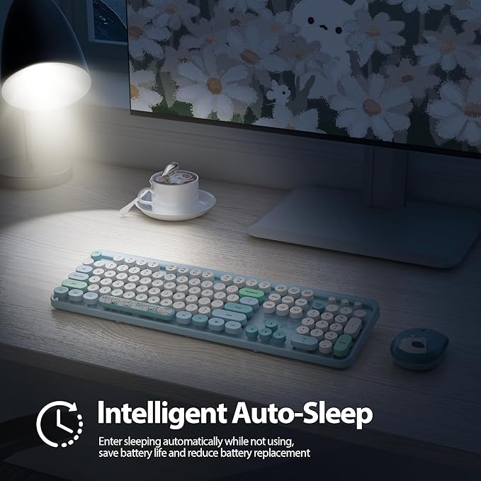 Fogruaden Wireless Keyboard and Mouse Combo, 2.4GHz Retro Typewriter Keyboard, 104 Full Size Round Keycap Cute Computer Keyboard with Number Pad, Blue Colorful Keyboard for Windows PC Laptop(Blue)