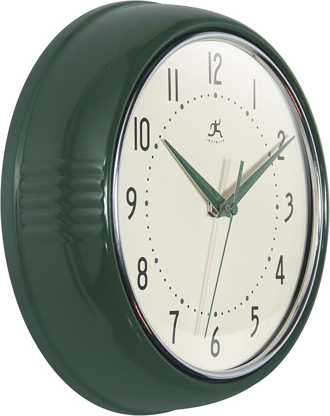 Infinity Instruments LTD. Retro 9 inch Silent Sweep Non-Ticking Mid Century Modern Kitchen Diner Wall Clock Quartz Movement Retro Wall Clock Decorative (Hunter Green)