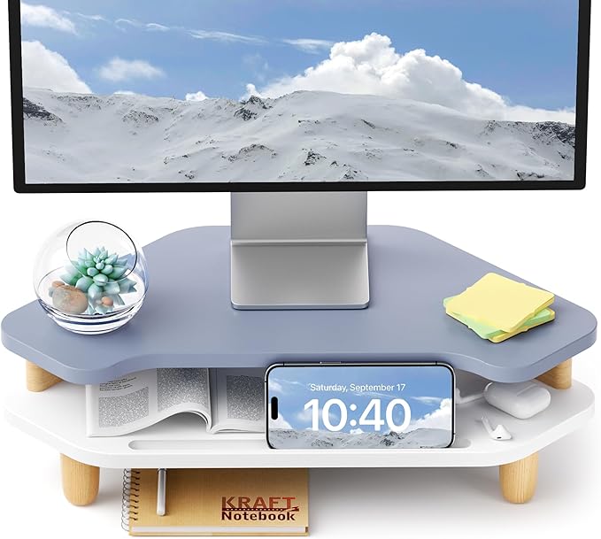 Monitor Stand Riser,2 Tier Corner Wood Monitor Stand Sturdy Computer Stand Multi-Purpose Desktop Storage Stand for Laptop,PC,iMac,Printer,Computer,Blue