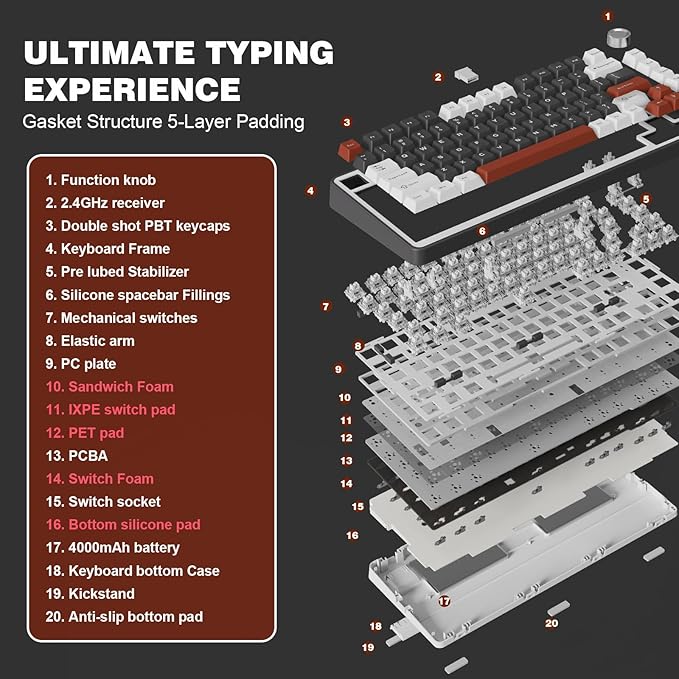 YUNZII B75 PRO Wireless Mechanical Keyboard,75% Layout with Knob,Hot Swap Gasket Custom Structure,Creamy Pre-lubed Switches,RGB Backlit,Bluetooth/Type-C/2.4G for Win/Mac(Milk Switch,Black)