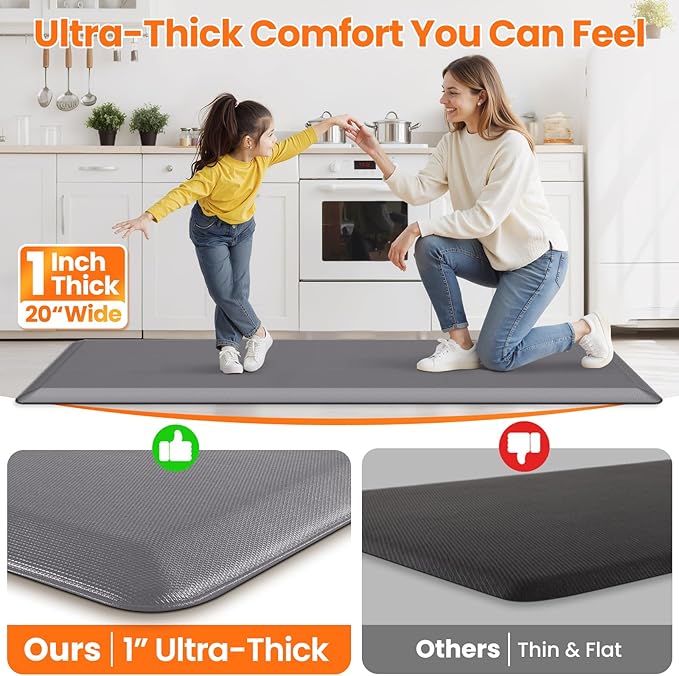 Kitchen Mats for Floor, 1 Inch Extra-Thick Kitchen Rugs, Non-Slip & Waterproof Standing Desk Mat, Comfort Anti Fatigue Mats for Kitchen Floor, Home, Sink, Office (20" X 72", Grey)