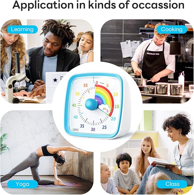 Yunbaoit Visual Timer with Night Light, 60-Minute Rainbow Countdown Timer for Kids and Adults, Time Management Tool for Home, School, Kitchen, or Office (Blue)