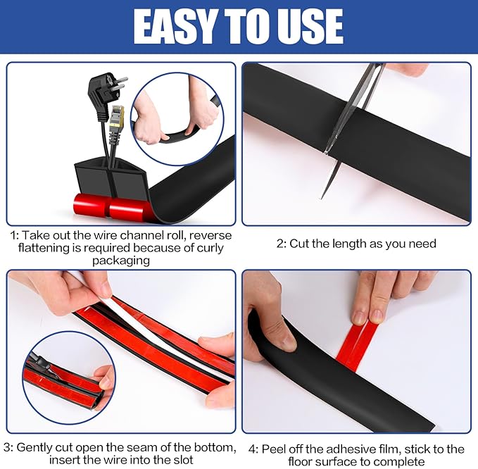 Floor Cord Cover Self Adhesive Cord Hider,3.3FT Cable Management, Extension Strip Protector for Wires, Prevent Cable Trips for Offices, Gyms, Exhibitions Cavity:0.47"(W) x 0.35"(H) Black