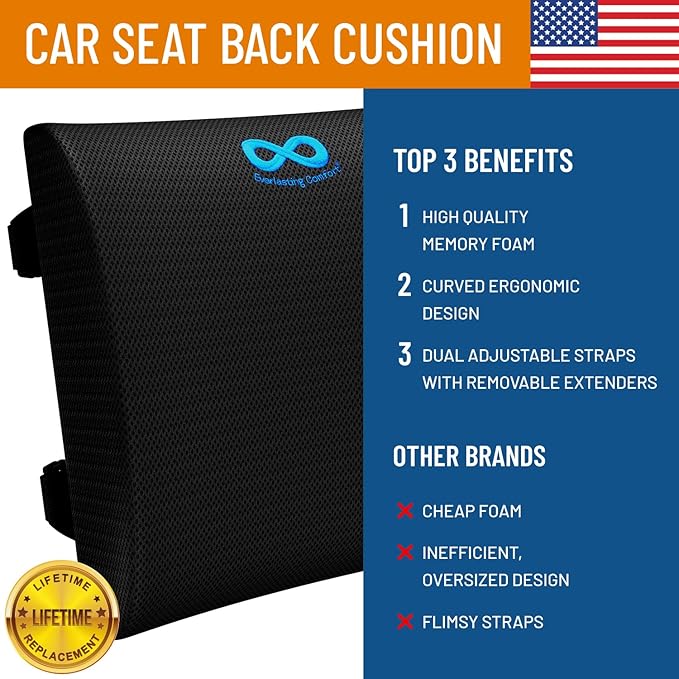 Everlasting Comfort Lumbar Support Cushion for Car Seat - Memory Foam Back Cover for Car - Lumbar Support Promotes Better Posture, Back Pain Relief - Ideal for Driving
