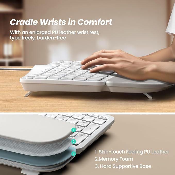 Nulea RT05C Wired Ergonomic Keyboard, Split Keyboard with Cushioned Wrist Rest, Adjustable Tilt Legs, Plug and Play, USB Corded, Compatible with Windows/Mac-White