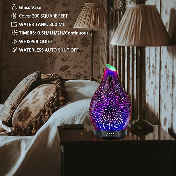 Essential Oil Diffuser 120ML -3D Firework Glass Aromatherapy Diffusers for Essential Oils with 4 Timer Setting Waterless Auto Shut-Off Silent Operation 7 Colors Lights Changing for Room, Office, Yoga
