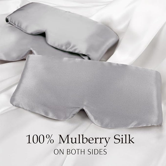 Zenssia 100% Mulberry Silk Sleep Mask Eye Mask for Man and Woman with Adjustable Headband, Full Size Large Sleep Mask & Blindfold for Total Blackout for All Night Sleep, Travel & Nap-Silvergrey
