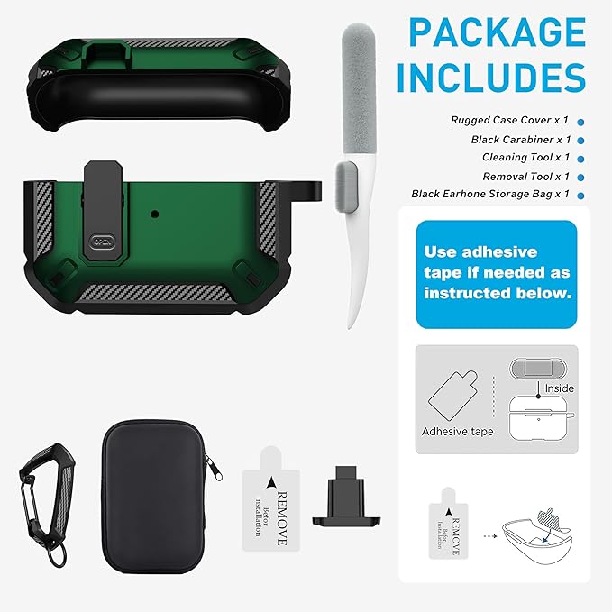 Maxjoy for AirPods Pro Case Cover with Lock, AirPods Pro 1st Generation Case for Men Military Rugged Protective Cover with Keychain Compatible with Apple AirPod Pros 2019 Front LED Visible, Green