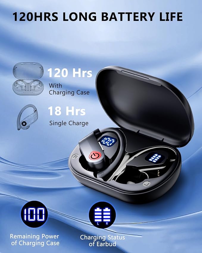 EUQQ Ear Buds Wireless Bluetooth Earbuds, Noise Cancelling Headphones 120H Playtime，IPX7 Waterproof Sports with Earhooks,LED Display Wireless Earphones for Running Gym Workout-Black