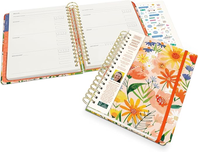 Orange Circle Studio Undated Tri-Tab Academic Planner 2026, Bold Blooms, Daily Notebook Journal, Cute Weekly and Monthly Calendar with Pocket, Stickers, Lined Pages for To Do lists and Planning
