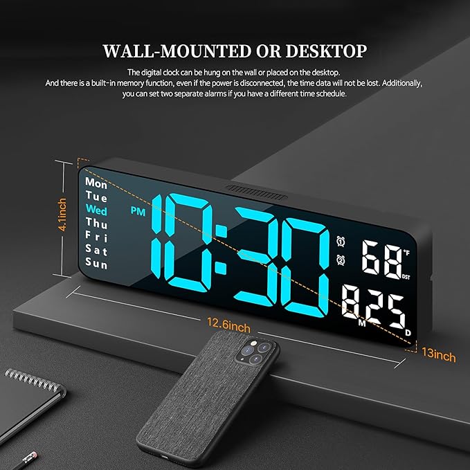 Digital Clock, Digital Wall Clock for Living Room Decor, Desk Alarm Clock for Bedroom, Large Wall Clock with Remote Control, Automatic Brightness Dimmer LED Clock with Date Temperature Week (Blue-B)