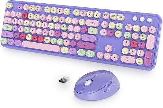 Fogruaden Purple Keyboard and Mouse Wireless, Retro Typewriter Keyboard, 2.4GHz 104 Keys Full Size Cute Keyboard with Number Pad, Purple Colorful Keyboard with Round Keycap for Windows PC Laptop