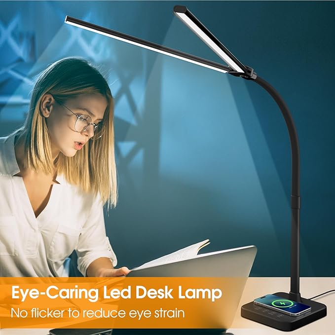 ShineTech LED Desk Lamp for Home Office, 24W Double Head Desk Light with Wireless Charging, USB Port, 25 Lighting Modes Adjustable Gooseneck Lamps