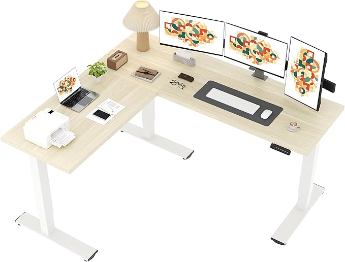 SANODESK L Shaped Standing Desk Adjustable Height, Electric Corner Standing Desk, 71 x 63 inch Sit Stand Computer Table with Splice Board, Maple