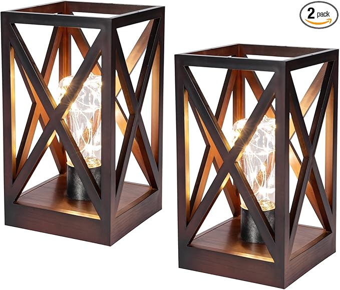 WINGBO 2 Pack Retro Battery Powered Table Lamps, Battery Operated Cordless Lamp Set, Portable Nightlight Decorative Light for Living Room Dining Room Bedroom Entryway Patio Backyard, Walnut Finish