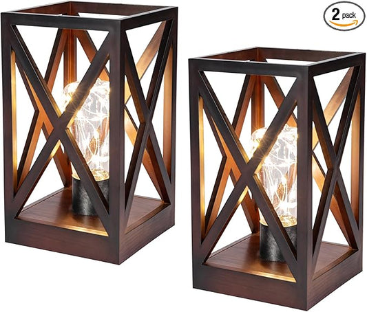 WINGBO 2 Pack Retro Battery Powered Table Lamps, Battery Operated Cordless Lamp Set, Portable Nightlight Decorative Light for Living Room Dining Room Bedroom Entryway Patio Backyard, Walnut Finish