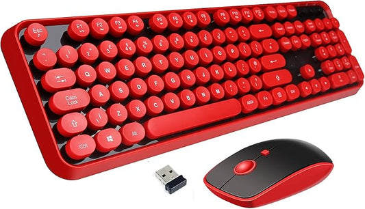 2.4GHz Wireless Typewriter Keyboard with 104 Cute Retro Round Keys, Letton Full Size Wireless Keyboard and Mouse Combo with 3 DPI for Computer Mac PC Laptop-Black/Red