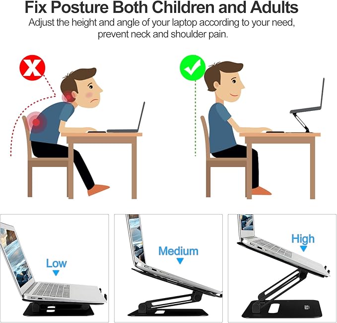 Urmust Adjustable Laptop Stand for Desk Aluminum Computer Stand for Laptop Riser Holder Notebook Stand Compatible with MacBook Air Pro Ultrabook All Laptops 11-17 inch (Black)