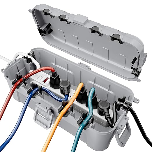 RESTMO Outdoor Electrical Box, IP54 Weatherproof Extension Cord Cover with 6 Cable Entry Ports, Waterproof Connection Box Protect Power Strip, Timer, Plug (11.5x5.2x4 inch), Light Gray