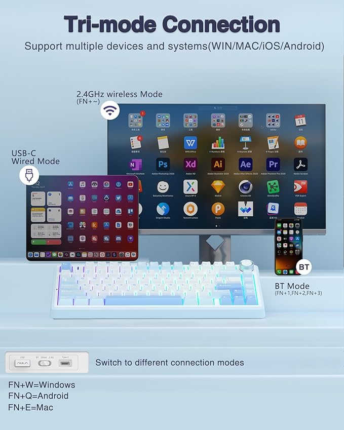 AULA F75 75% Wireless Mechanical Keyboard, Hot Swappable Creamy Keyboard, Pre-lubed Greywood Switches RGB Backlit Gaming Keyboards, 2.4GHz/Type-C/BT5.0(Salt White Blue)